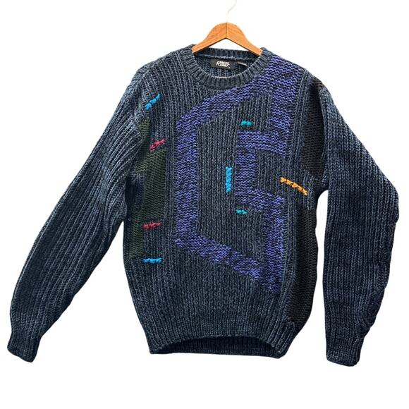 Street Scenes Vintage 80s Geometrics Blue Black Pullover Sweater Men Large - Picture 1 of 7